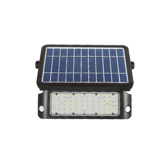 Wall-mounted 10W LEADPAD solar flood light with dim-to-bright motion detection and black rustproof body for large outdoor areas