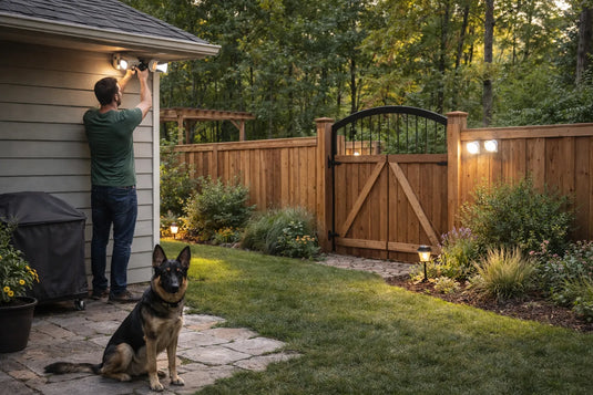 ackyard home security setup demonstrating protective measures like fencing, lighting, and surveillance cameras